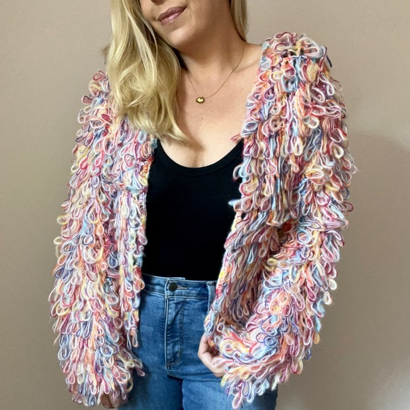 🏷️ SOLD Hayden Multi Color Fringe Yarn Loop Sweater Jacket - Picture 2 of 16